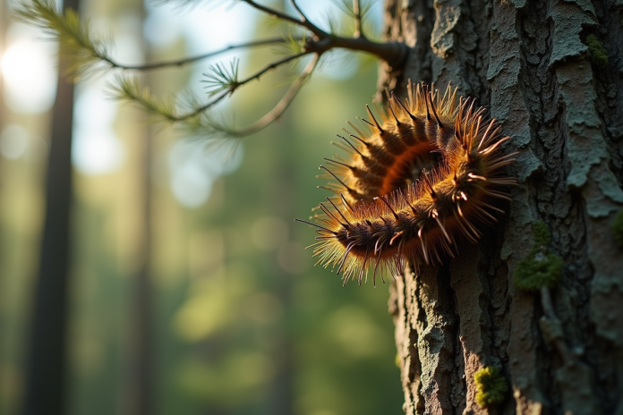 processionnaire-caterpillar-arbre Processionnaire sur un pin dans une forêt lumineuse