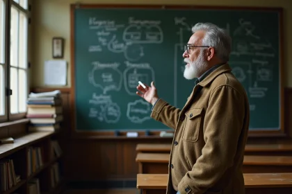 Professeur universitaire barbu expliquant des théories au tableau dans une salle de cours traditionnelle