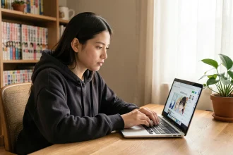 Jeune femme consultant les paramètres de confidentialité d'un site manga sur son ordinateur portable dans un bureau à domicile