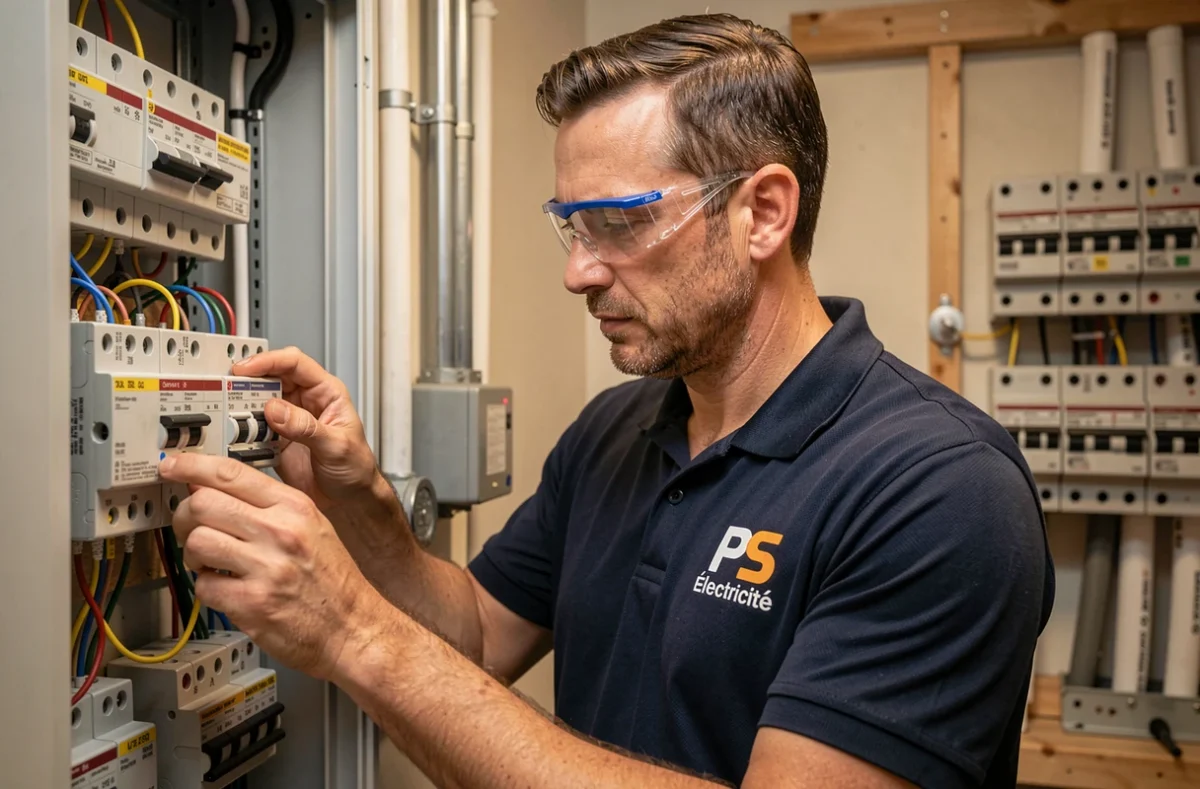 Technicien de PS Électricité câblant un tableau électrique résidentiel dans une salle technique