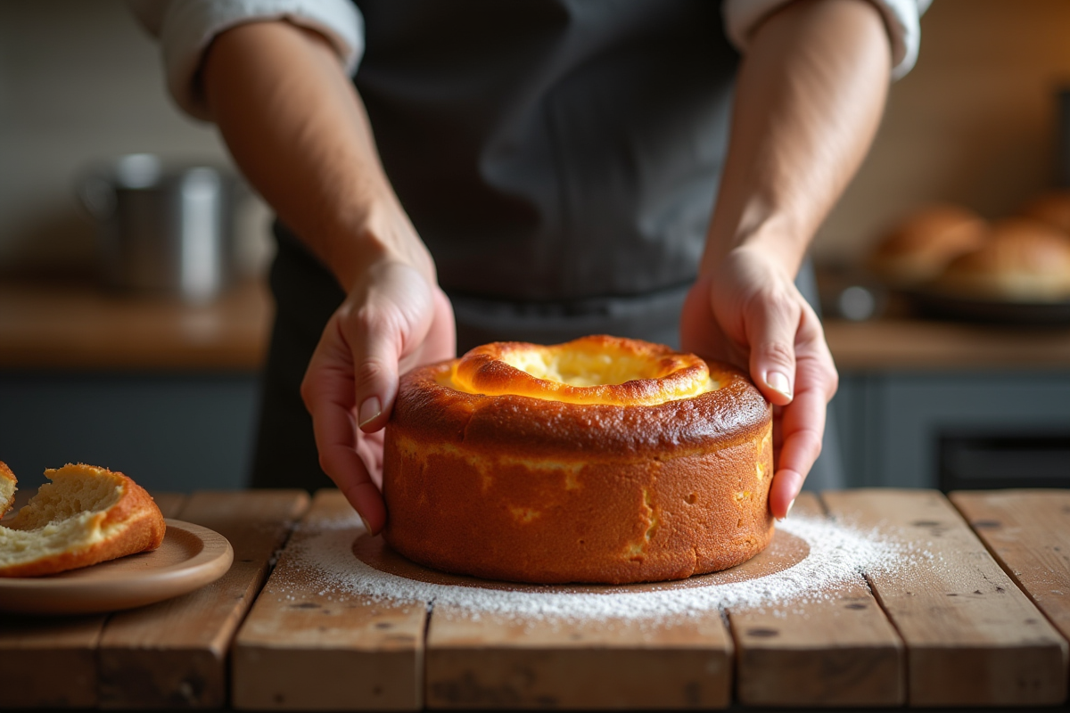 Pâtissier présentant un gâteau basque chaud sur une table en bois