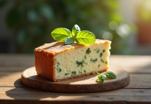 Tranche de quiche courgette et chèvre sur table en bois