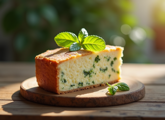 Tranche de quiche courgette et chèvre sur table en bois