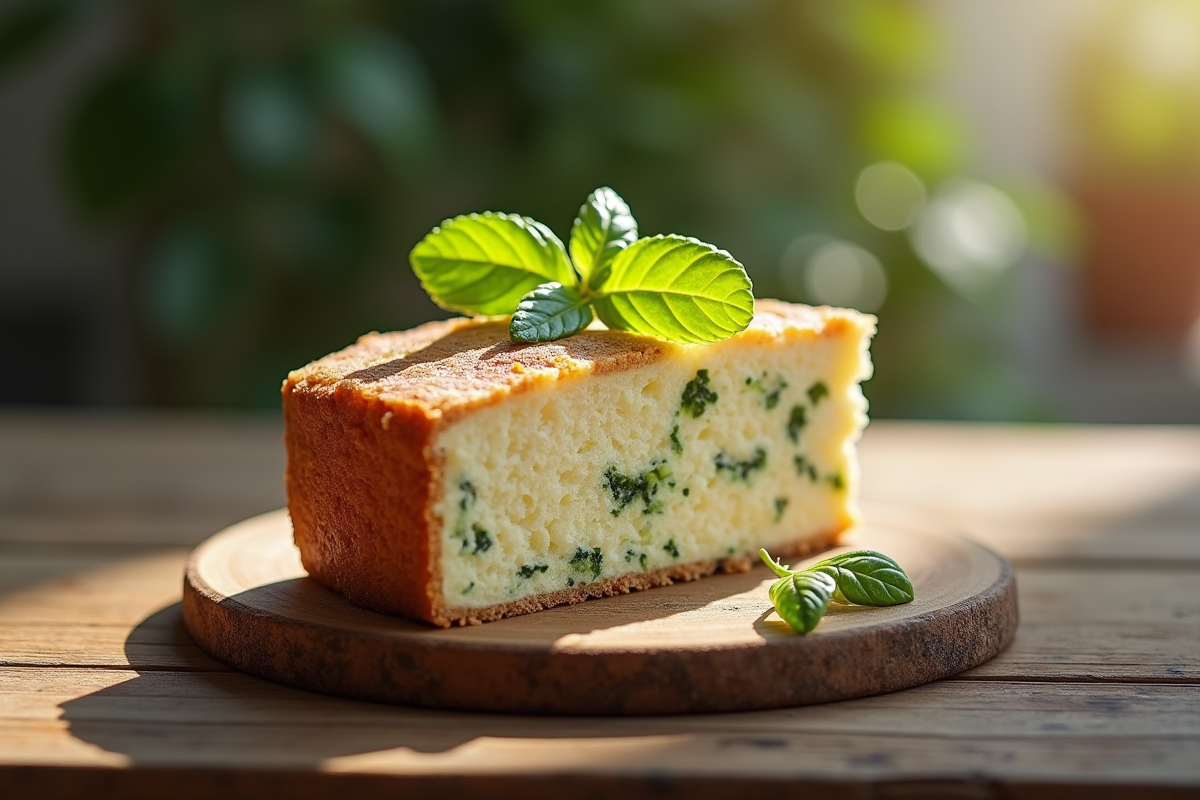 Tranche de quiche courgette et chèvre sur table en bois