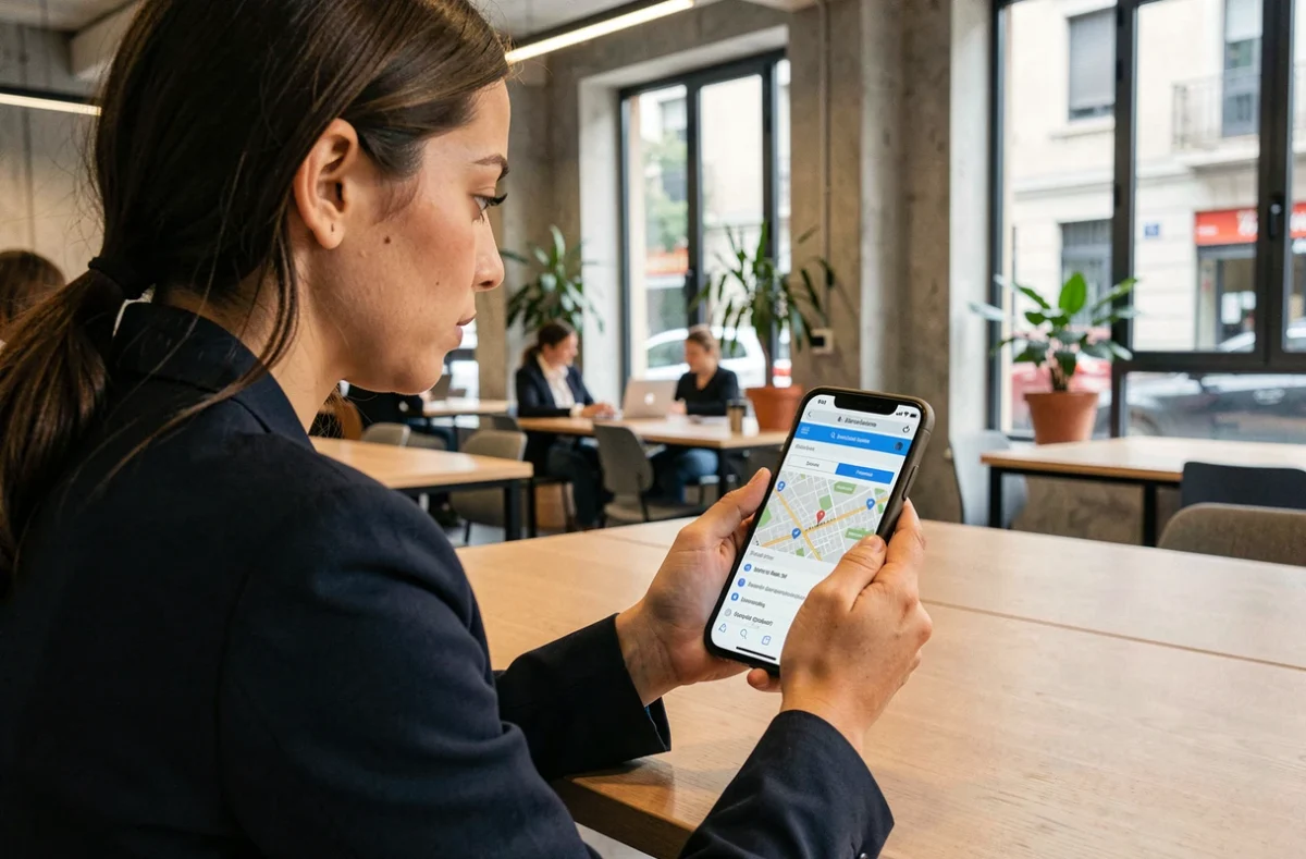 Jeune femme recherchant le code postal de Barcelone sur son smartphone dans un espace de coworking