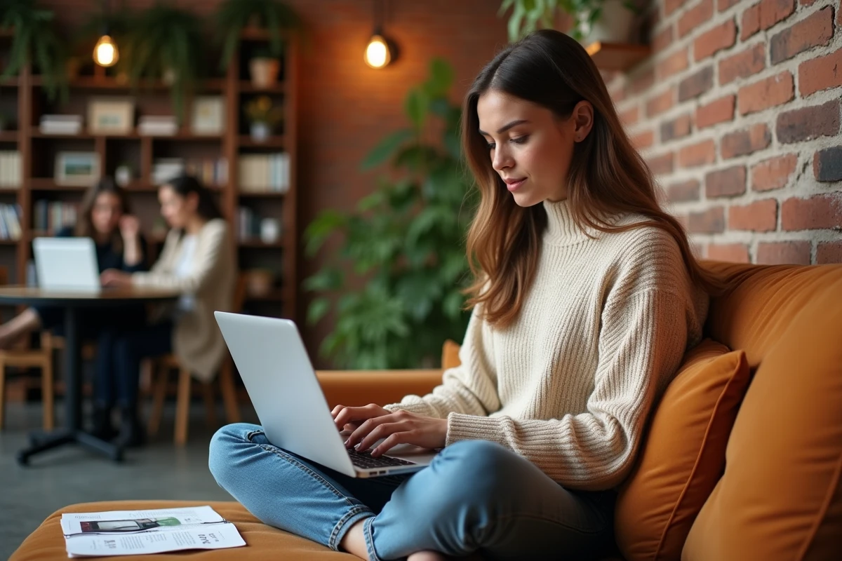 Rédactrice RH rédigeant une offre d'emploi sur ordinateur dans un espace coworking