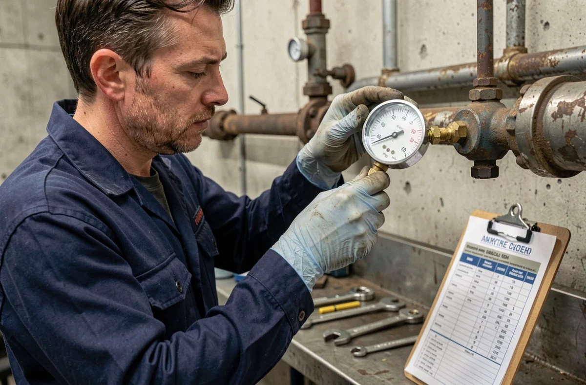 Technicien réglant un manomètre industriel affichant 50 PSI dans un atelier de maintenance