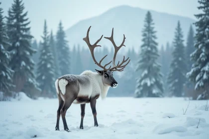 Renne majestueux dans une forêt enneigée scandinave évoquant la mythologie nordique