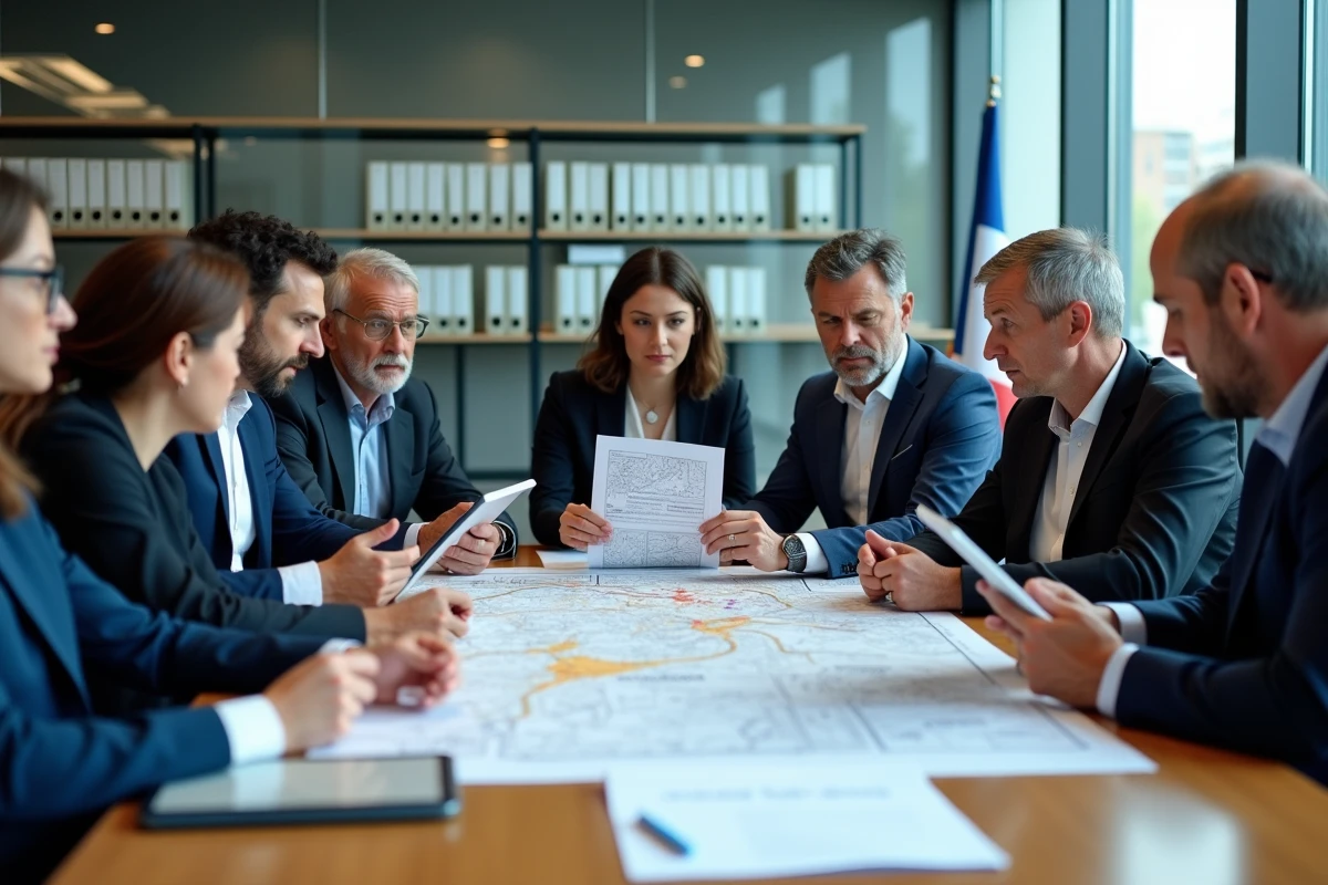 Groupe de professionnels discutant autour de cartes routieres