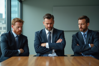 Réunion tendue entre trois collègues au bureau