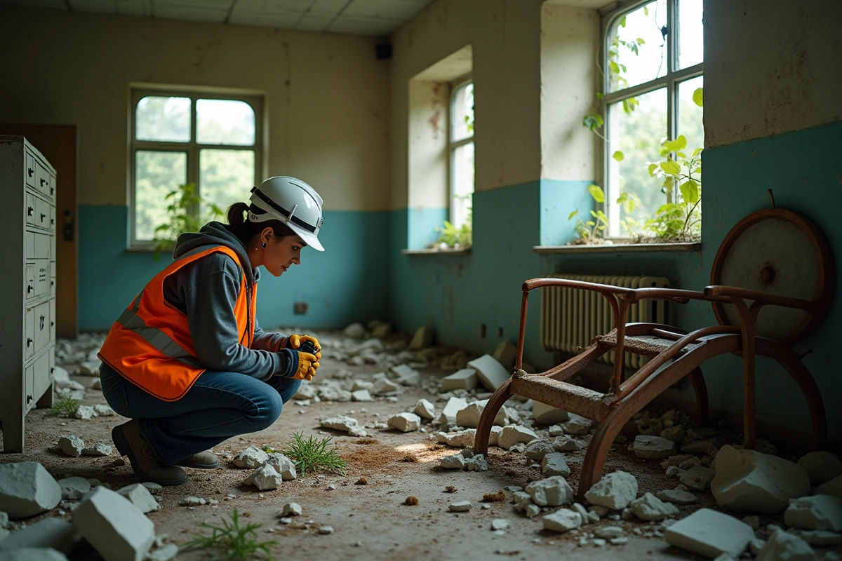 Exploratrice urbex équipée inspectant une salle commune en ruine d'un asile psychiatrique abandonné envahi par la végétation