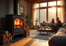 Poêles à bois : une solution qui allie écologie et convivialité Salon moderne avec poêle à bois et famille chaleureuse