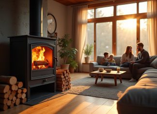 Poêles à bois : une solution qui allie écologie et convivialité Salon moderne avec poêle à bois et famille chaleureuse