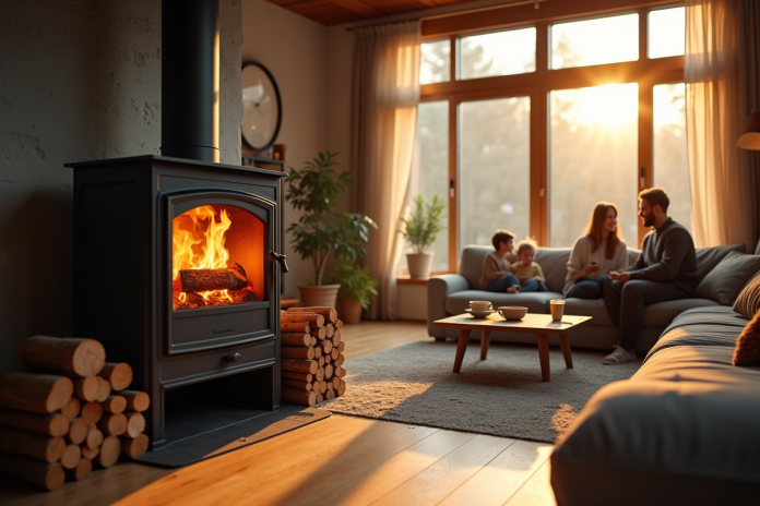 salon-contemporain-poele-bois Salon moderne avec poêle à bois et famille chaleureuse