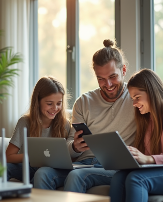 Famille heureuse utilisant internet dans un salon lumineux