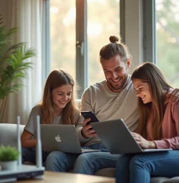 Famille heureuse utilisant internet dans un salon lumineux