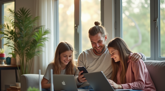 Famille heureuse utilisant internet dans un salon lumineux