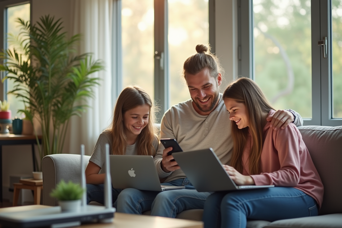 Famille heureuse utilisant internet dans un salon lumineux