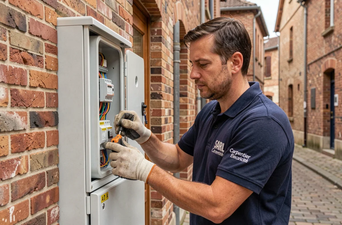 Technicien de SARL Carpentier Électricité intervenant sur une armoire électrique dans une rue commerciale de Vervins