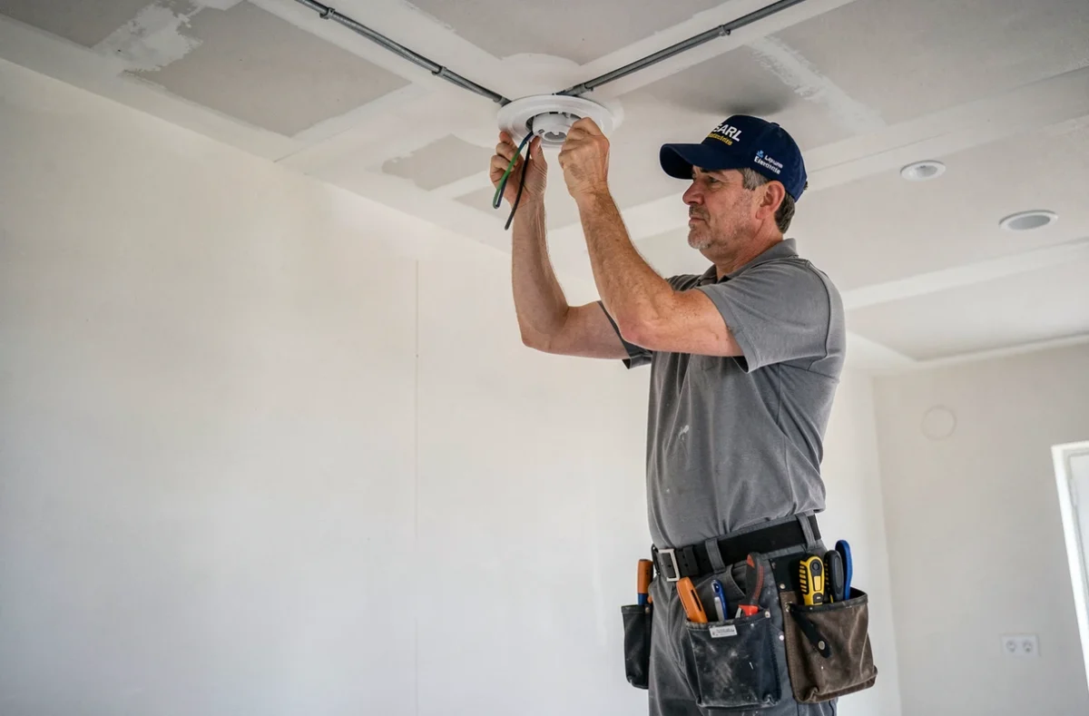 Électricien de SARL Lejeune Électricité installant des spots encastrés dans un plafond rénové