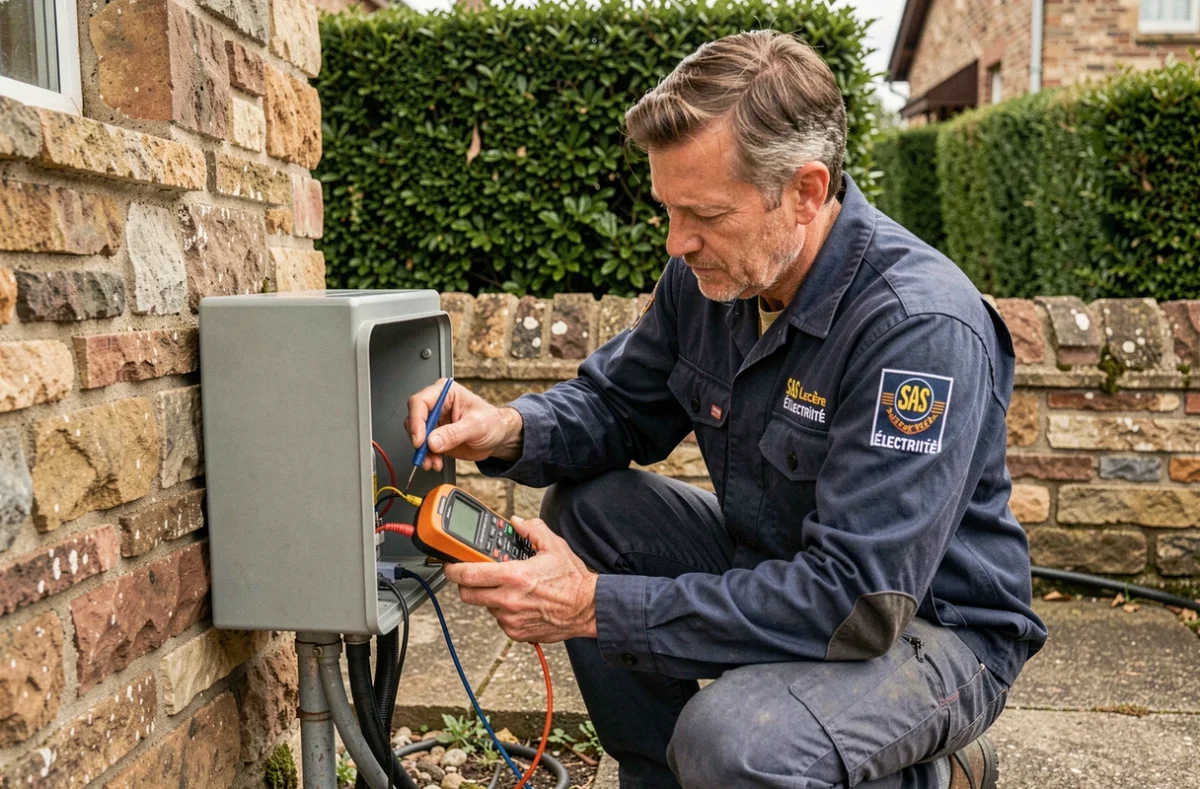 Électricien de SAS Leclère Électricité vérifiant une installation électrique extérieure dans un jardin résidentiel