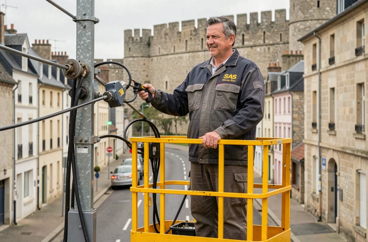 Technicien de SAS Moreau Élec inspectant une infrastructure électrique urbaine sur une nacelle à Laon avec la cité médiévale en arrière-plan