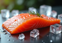 Filet de saumon frais sur un comptoir moderne avec glace