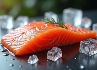 Filet de saumon frais sur un comptoir moderne avec glace