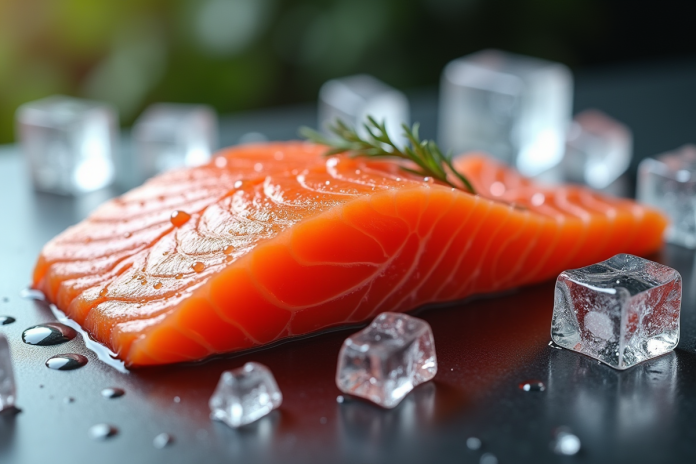 Filet de saumon frais sur un comptoir moderne avec glace