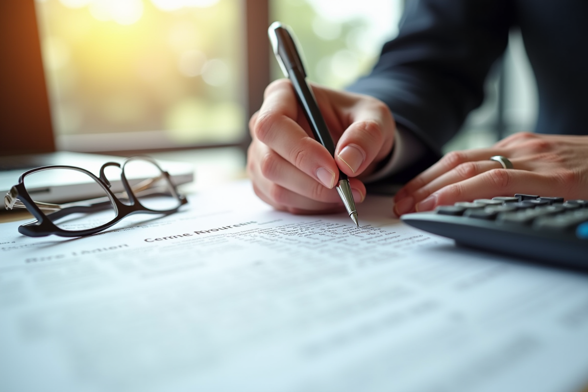 Main signant un contrat bancaire avec calculatrice et lunettes