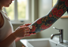 Jeune appliquant creme sur tatouage japonais vibrant