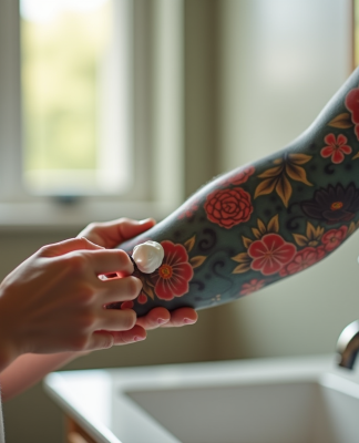 Jeune appliquant creme sur tatouage japonais vibrant