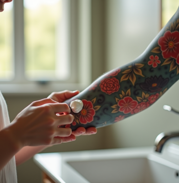 Jeune appliquant creme sur tatouage japonais vibrant