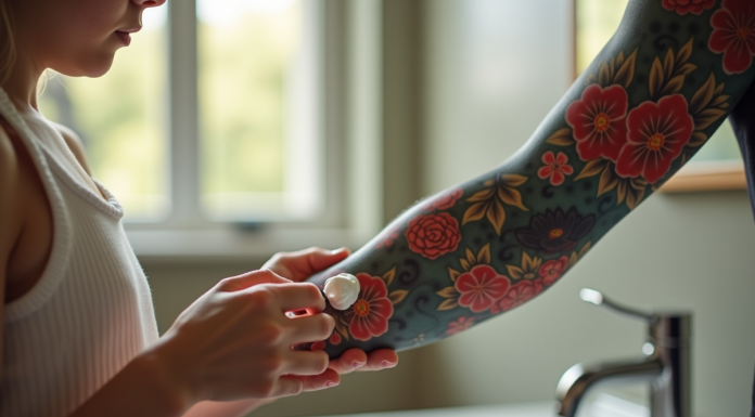 Jeune appliquant creme sur tatouage japonais vibrant