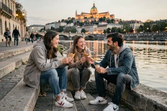 Trois jeunes adultes assis sur les quais du Rhône à Lyon le soir, partageant de la street food lors d'une sortie petit budget