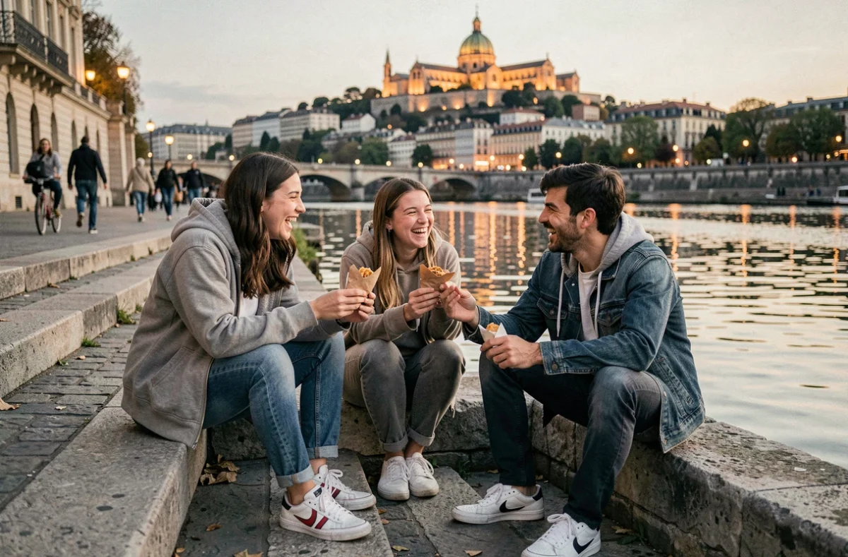 Trois jeunes adultes assis sur les quais du Rhône à Lyon le soir, partageant de la street food lors d'une sortie petit budget