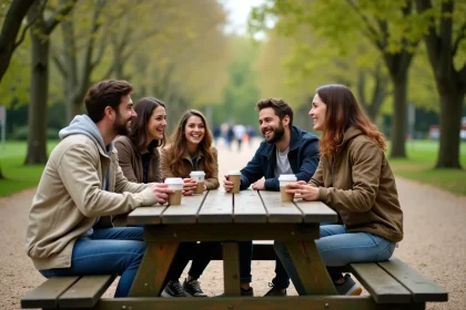 Groupe d'adultes souriants réunis dans un parc de Cholet pour une sortie conviviale en plein air