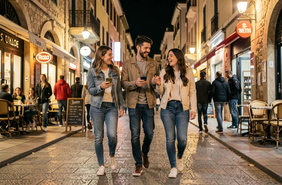 Groupe d'amis se promenant dans les rues animées de Toulon le soir sans voiture, consultant les transports en commun sur smartphone