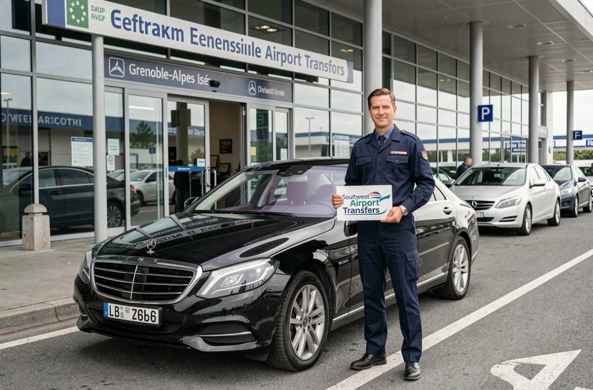Chauffeur de Southwest Airport Transfers tenant une pancarte devant le terminal de l'aéroport de Grenoble-Alpes Isère