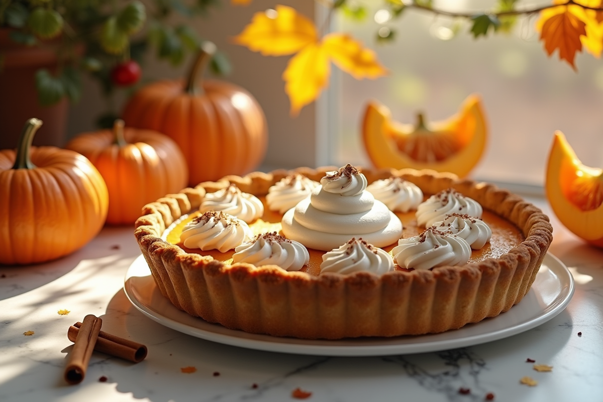 Tarte au potiron fraîche décorée de crème et cannelle
