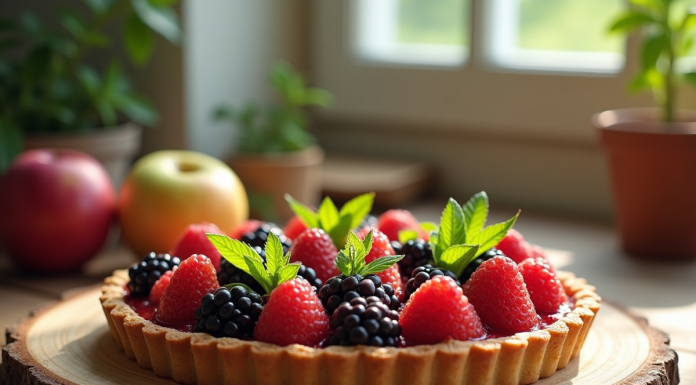 Tarte aux fruits exotiques avec elderberries et emu pommes