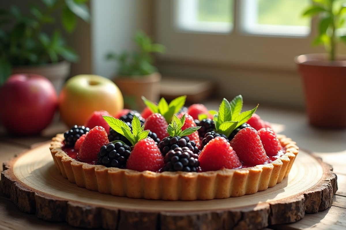 Tarte aux fruits exotiques avec elderberries et emu pommes