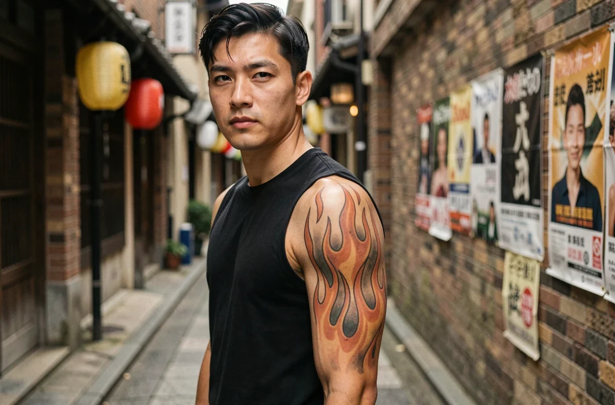 Homme montrant un tatouage Rangoku style flamme sur l'épaule dans une ruelle urbaine japonaise