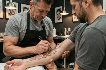 Tatoueur professionnel appliquant un tatouage style Rangoku sur l'avant-bras d'un client dans un studio moderne