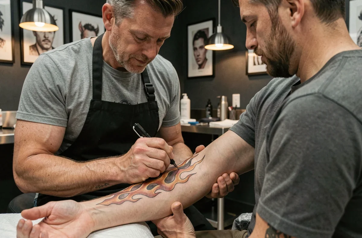 Tatoueur professionnel appliquant un tatouage style Rangoku sur l'avant-bras d'un client dans un studio moderne