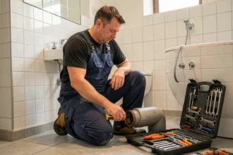 Plombier professionnel travaillant dans une salle de bain moderne à Reims, représentant le top 10 des plombiers rémois en 2026