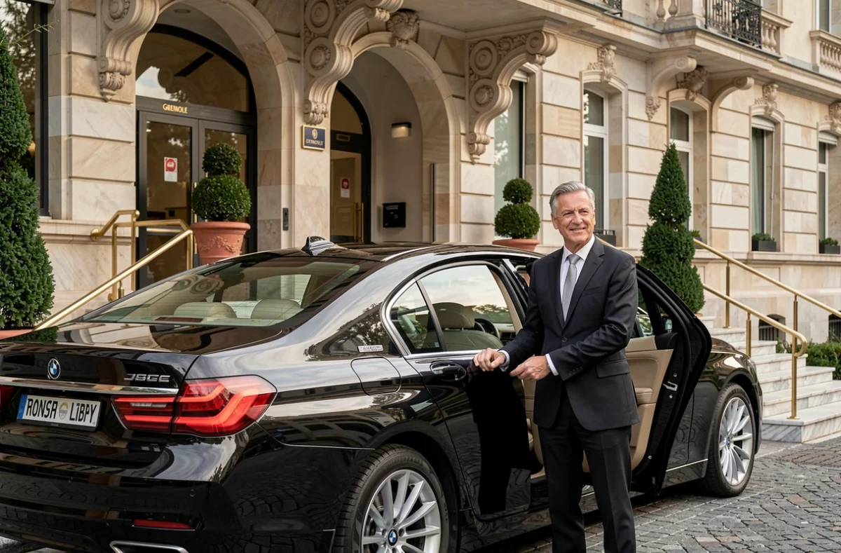 Chauffeur de Transport Liberty Prestige en costume noir ouvrant la portière d'une BMW 7 Series devant un hôtel de luxe à Grenoble
