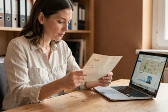 Femme vérifiant un code postal de Barcelone sur une enveloppe dans un bureau à domicile