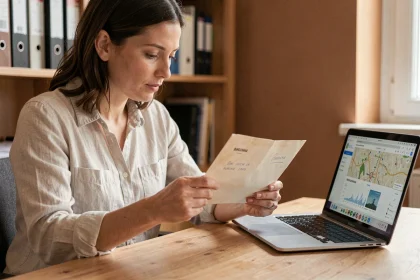 Femme vérifiant un code postal de Barcelone sur une enveloppe dans un bureau à domicile