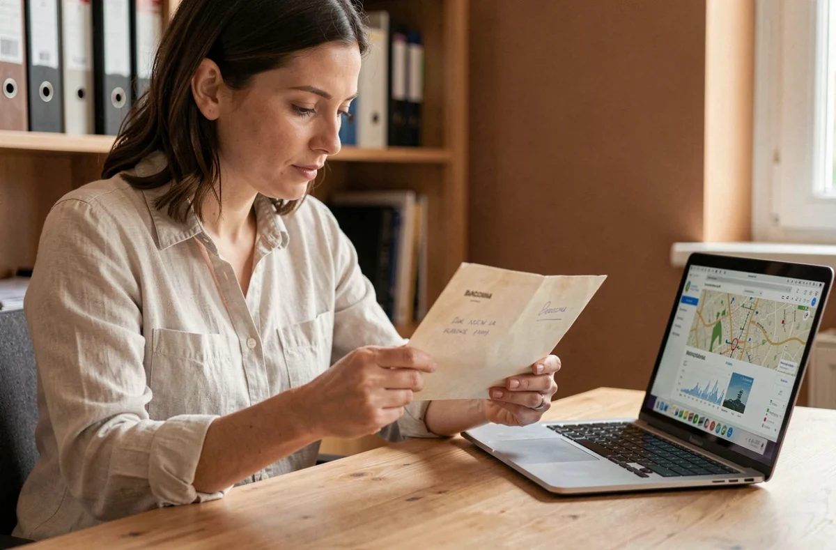 Femme vérifiant un code postal de Barcelone sur une enveloppe dans un bureau à domicile